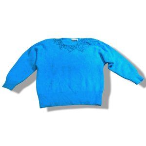 Vtg Nordstrom Town Square Teal Angora Rabbit Lambswool Beaded Sweater Size L 80s
